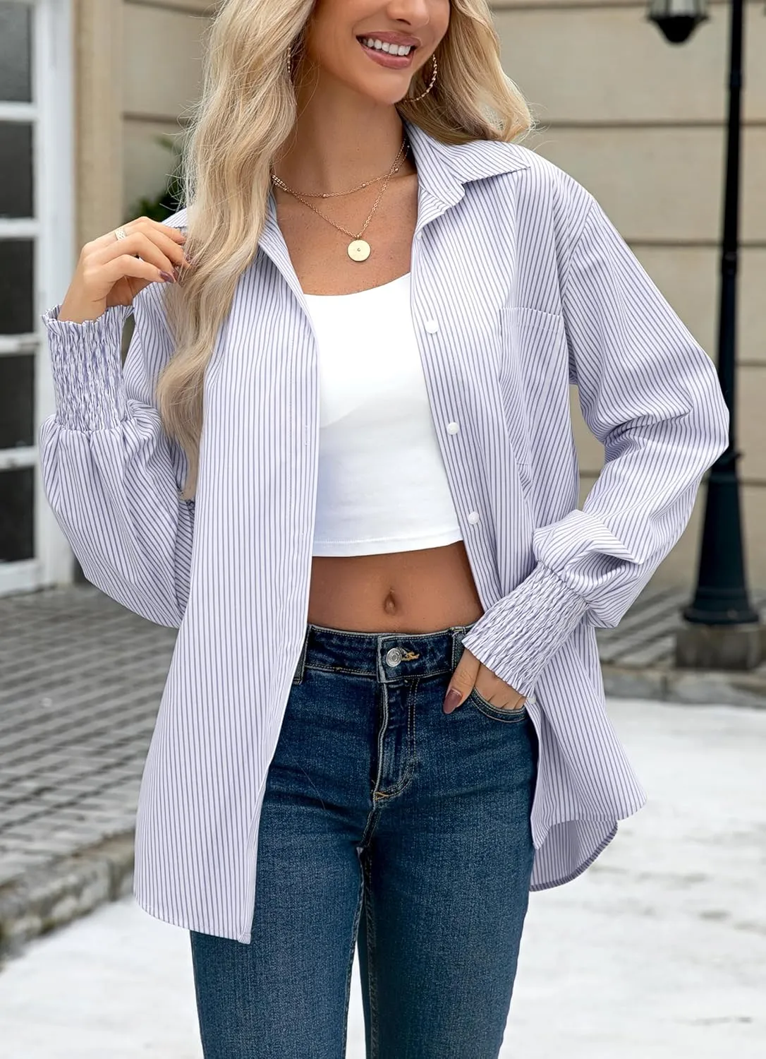 OMSJ Womens Striped Button Down Shirts Smocked Cuffed Sleeve Stylish Collared Office Work Blouses with Pocket