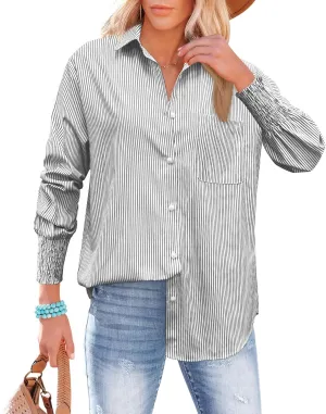 OMSJ Womens Striped Button Down Shirts Smocked Cuffed Sleeve Stylish Collared Office Work Blouses with Pocket