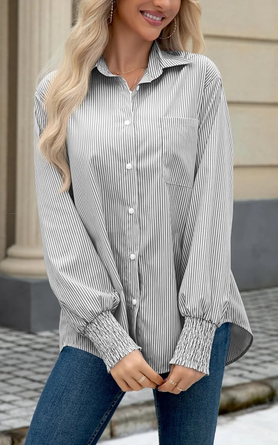 OMSJ Womens Striped Button Down Shirts Smocked Cuffed Sleeve Stylish Collared Office Work Blouses with Pocket