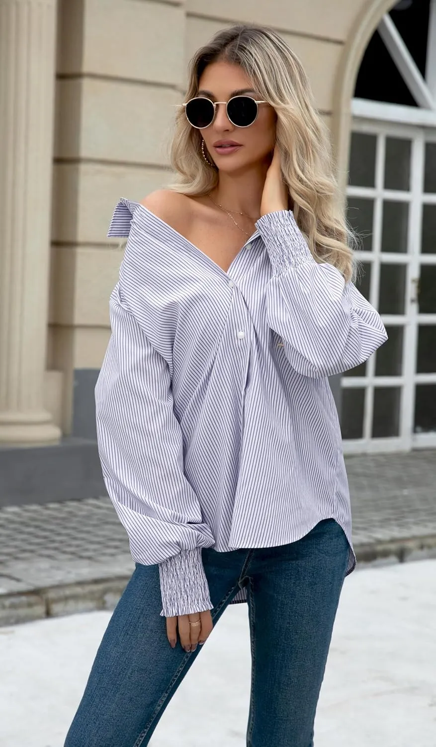 OMSJ Womens Striped Button Down Shirts Smocked Cuffed Sleeve Stylish Collared Office Work Blouses with Pocket