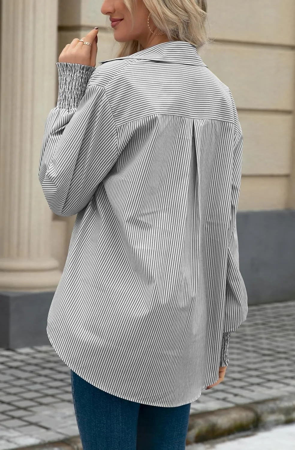 OMSJ Womens Striped Button Down Shirts Smocked Cuffed Sleeve Stylish Collared Office Work Blouses with Pocket
