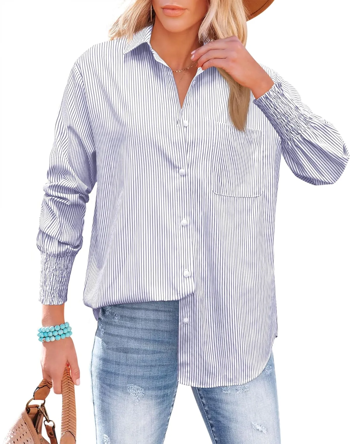 OMSJ Womens Striped Button Down Shirts Smocked Cuffed Sleeve Stylish Collared Office Work Blouses with Pocket