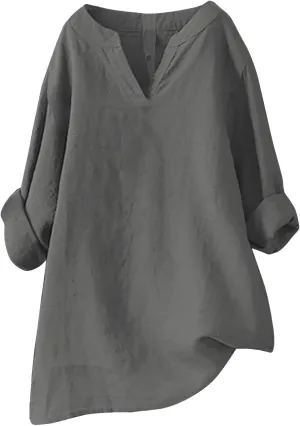 Oversized Crew Neck Linen Tops for Women Sleeve Collar Long Casual Women Shirt Women's Blouse Women's Swimwear Cover
