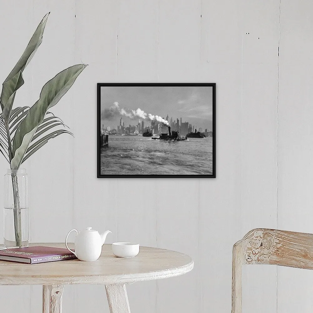 "1930's 1933 Steam Engine Tug Boat And Staten Island Ferry Boats" Black Float Frame Canvas Art