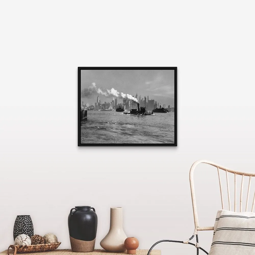 "1930's 1933 Steam Engine Tug Boat And Staten Island Ferry Boats" Black Float Frame Canvas Art