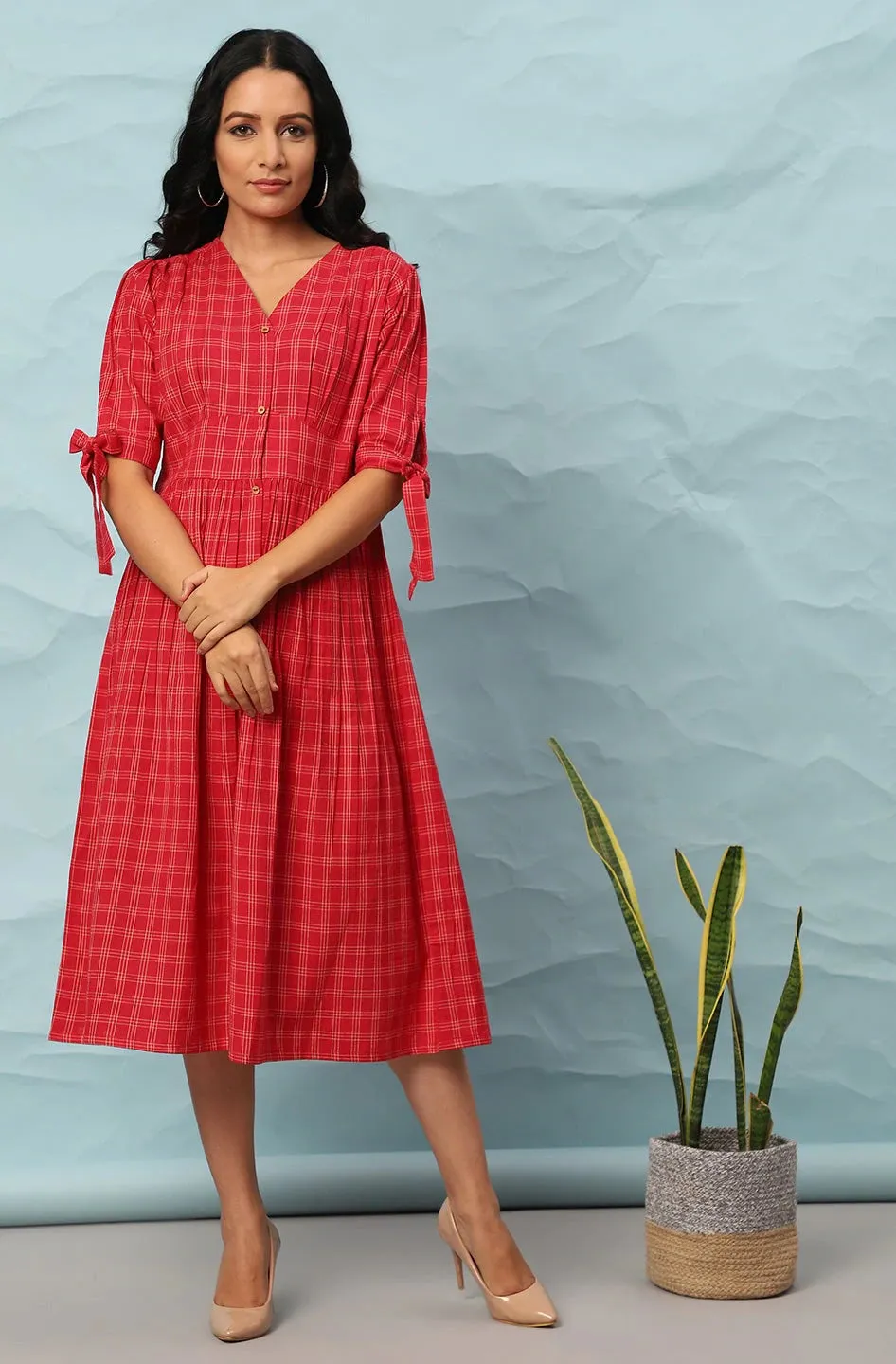 Red Cotton Checks Print Dress