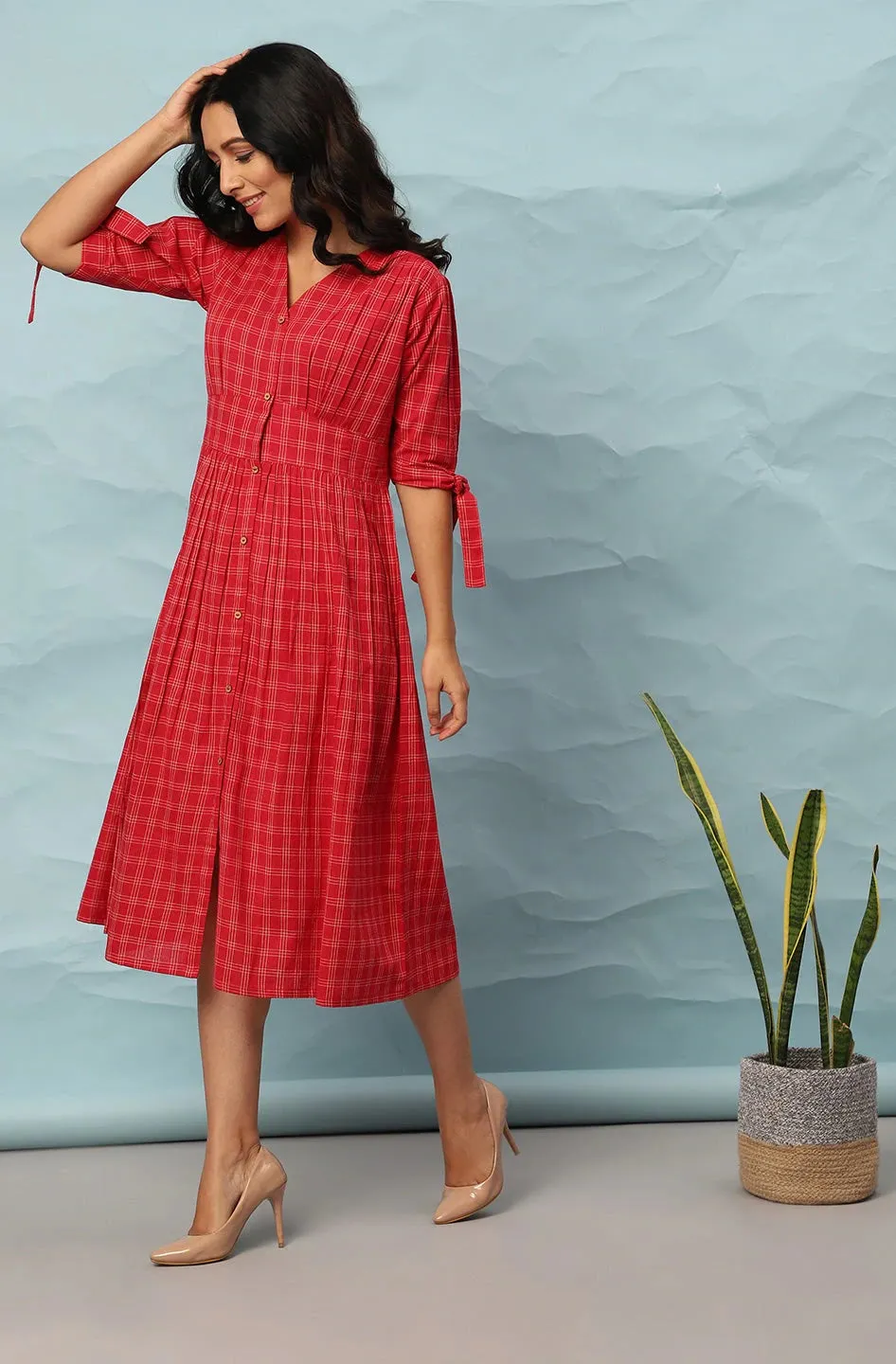 Red Cotton Checks Print Dress