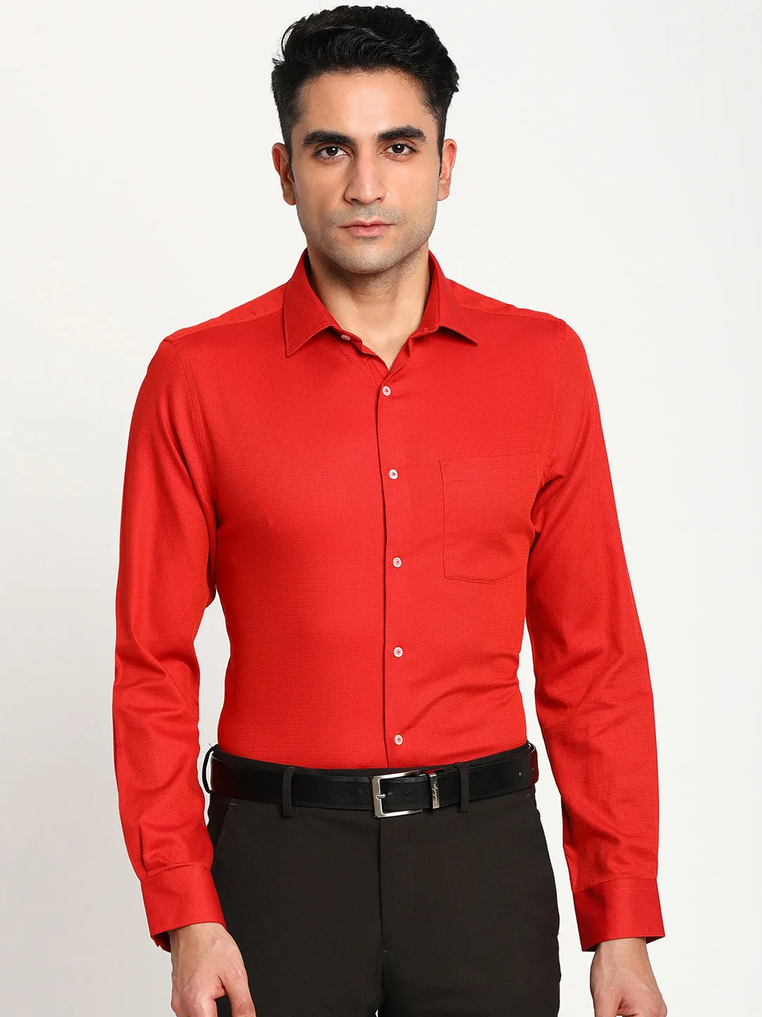 Red Cotton Self Design Slim Fit Shirt