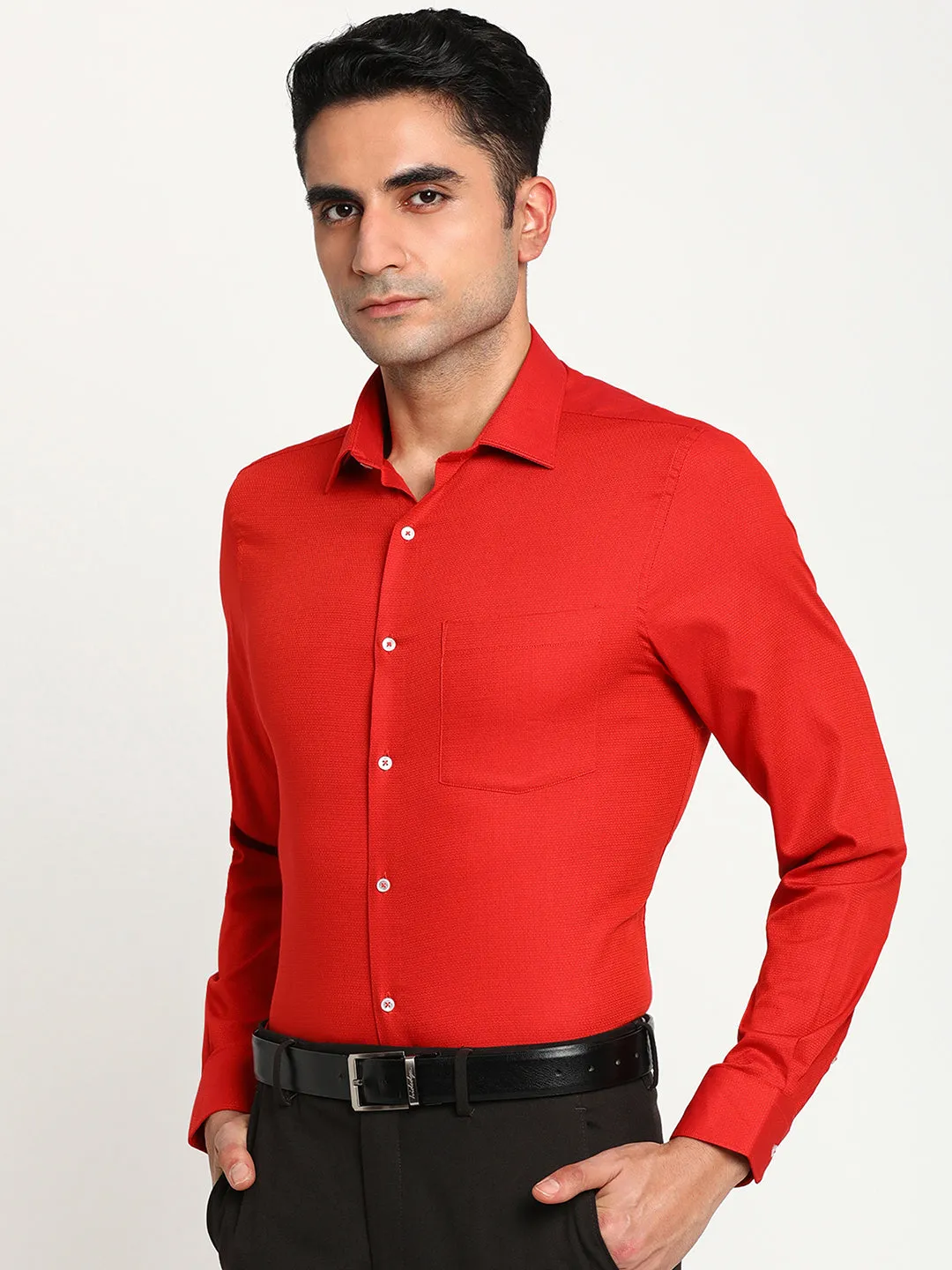 Red Cotton Self Design Slim Fit Shirt