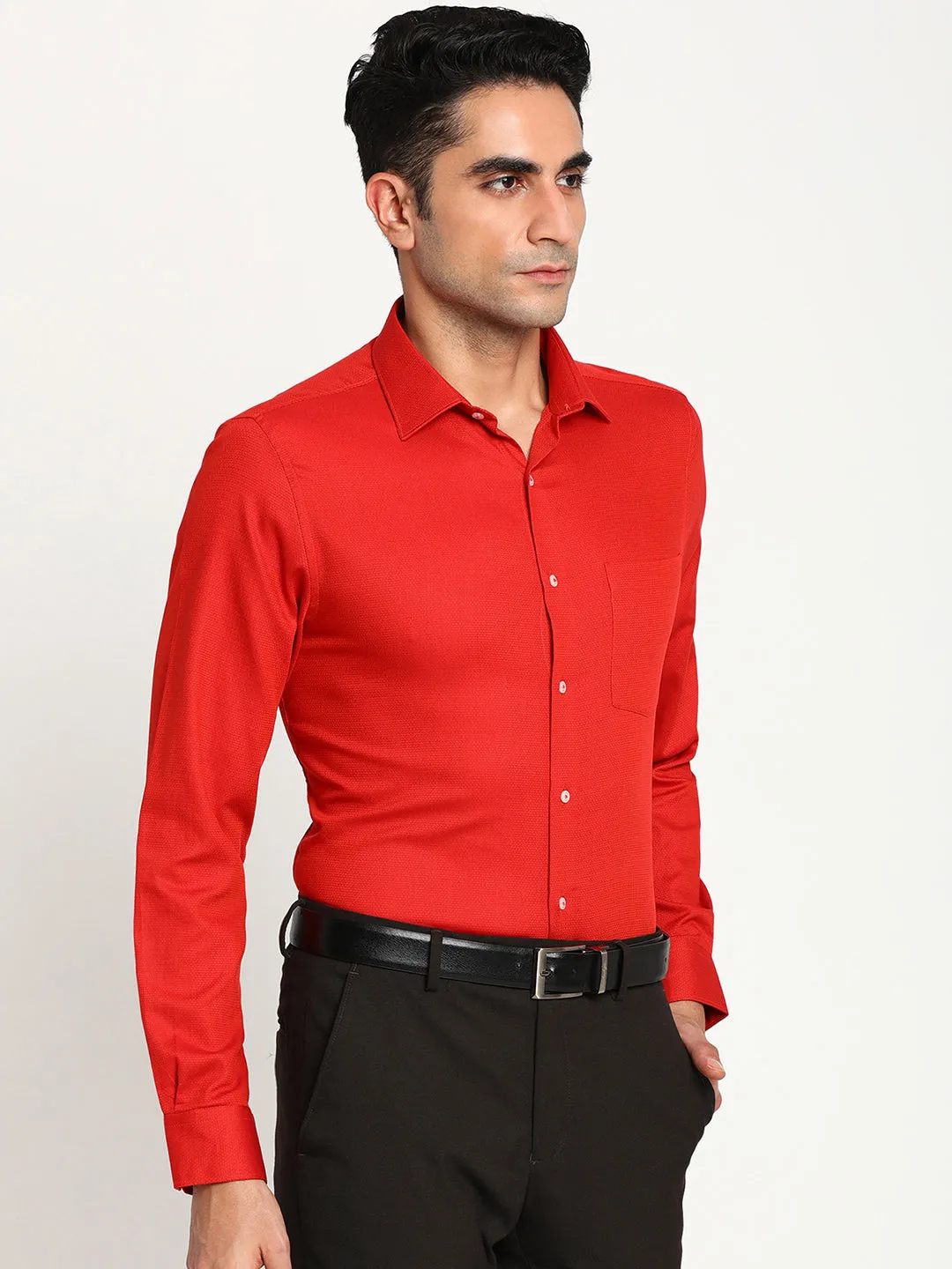 Red Cotton Self Design Slim Fit Shirt