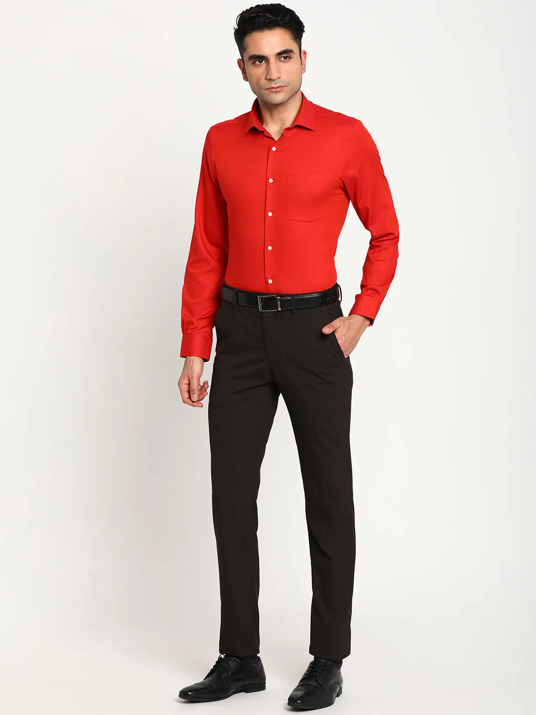 Red Cotton Self Design Slim Fit Shirt