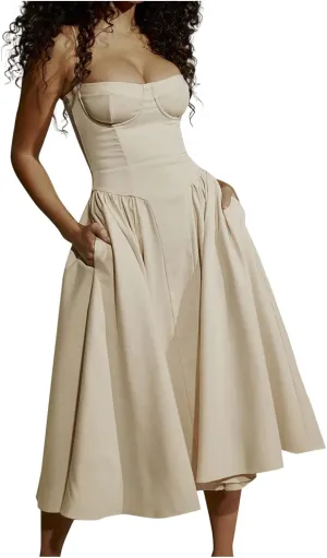 Sexy Midi Corset Dresses for Women Sleeveless Spaghetti Strap Low Cut Flowy Pleated Hem Gown Dress with Pockets