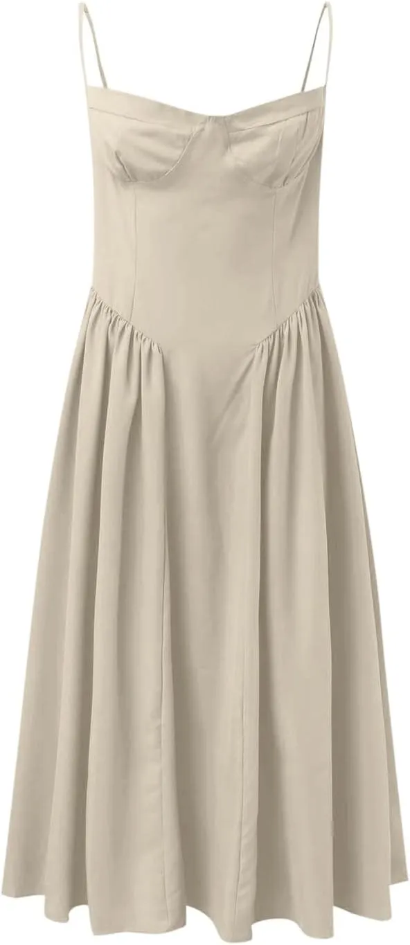 Sexy Midi Corset Dresses for Women Sleeveless Spaghetti Strap Low Cut Flowy Pleated Hem Gown Dress with Pockets