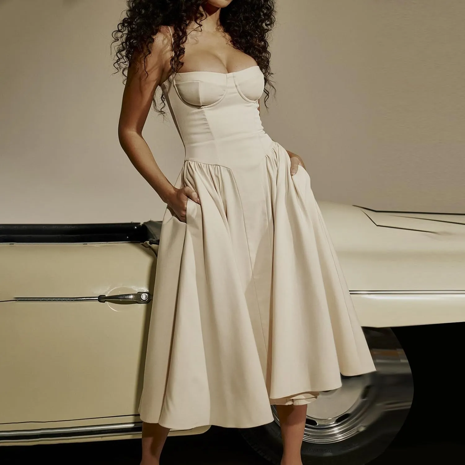 Sexy Midi Corset Dresses for Women Sleeveless Spaghetti Strap Low Cut Flowy Pleated Hem Gown Dress with Pockets