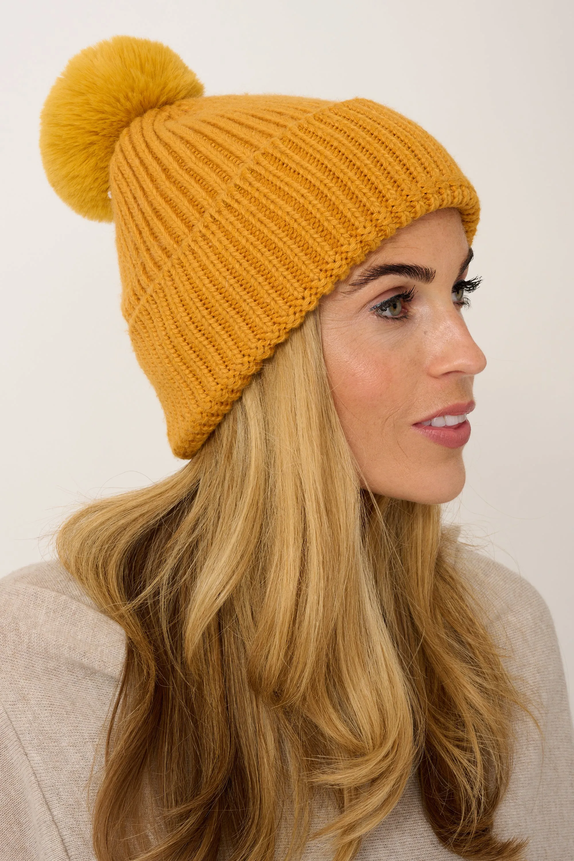 Super Soft Chunky Cashmere Mix Hat with Pom Pom in Mustard