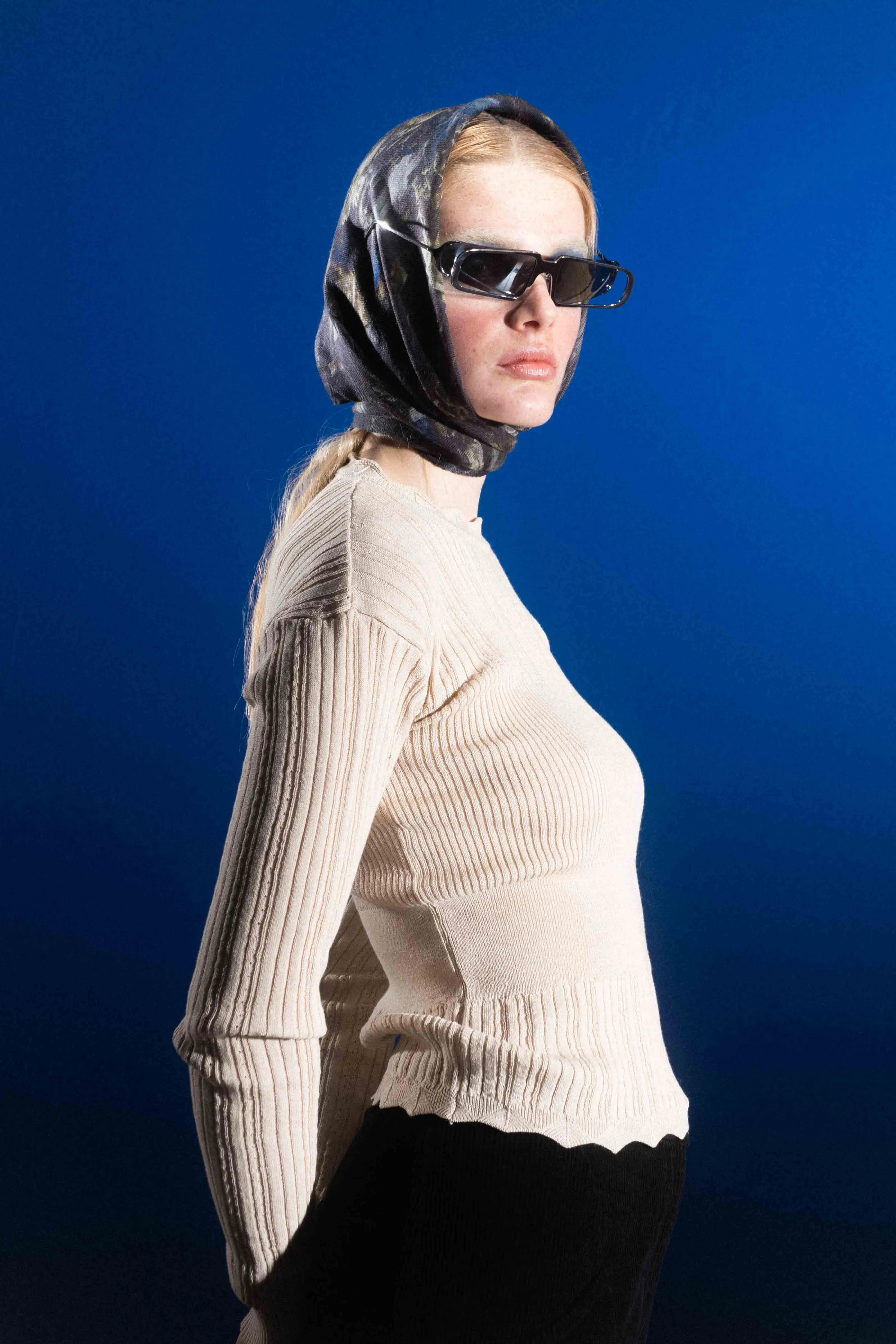 Transparent Block Knit Blouse - Angora