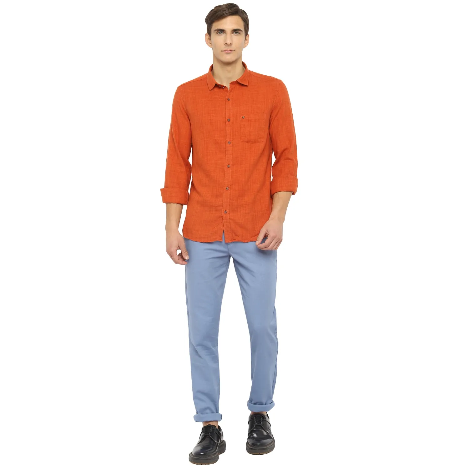 Turtle Men Orange Blended Cotton Solid Slim Fit Shirts