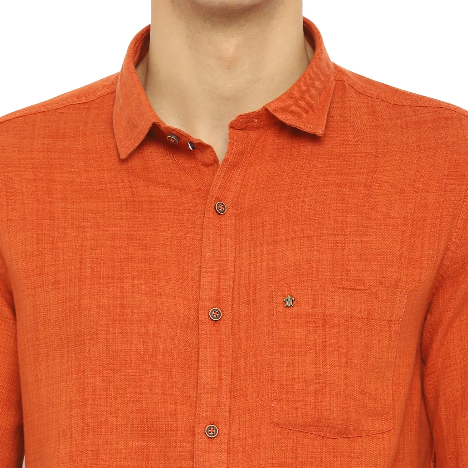 Turtle Men Orange Blended Cotton Solid Slim Fit Shirts