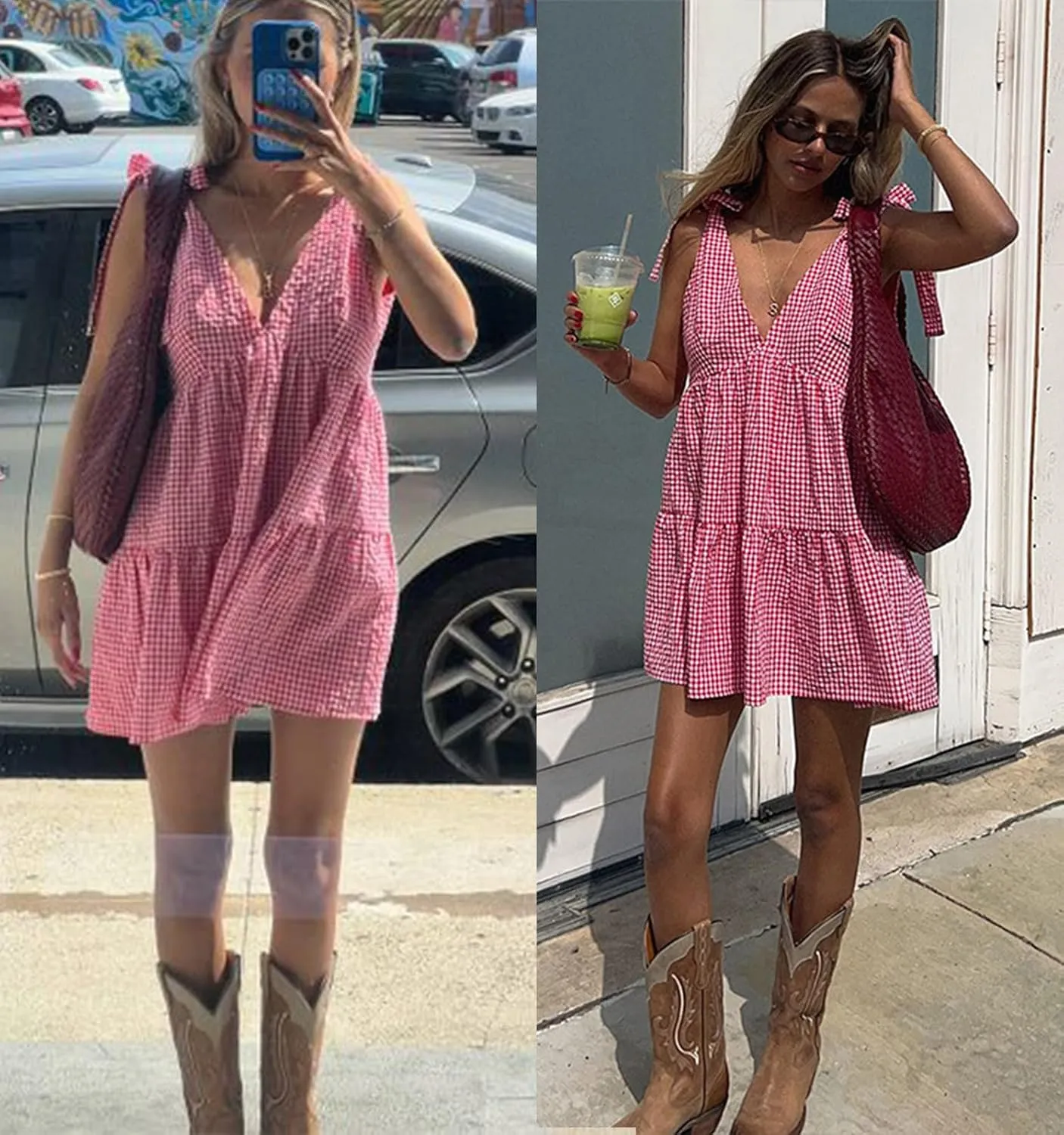 utcoco Women's 2025 Summer A Line Flowy Plaid Mini Dress Y2k Tie Shoulder Babydoll Dress Beach Vacation Outfits