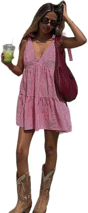 utcoco Women's 2025 Summer A Line Flowy Plaid Mini Dress Y2k Tie Shoulder Babydoll Dress Beach Vacation Outfits
