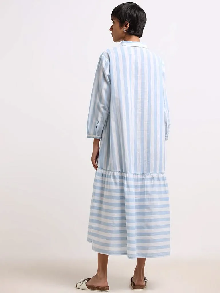 Utsa Blue Striped Cotton Shirt Midi-Dress