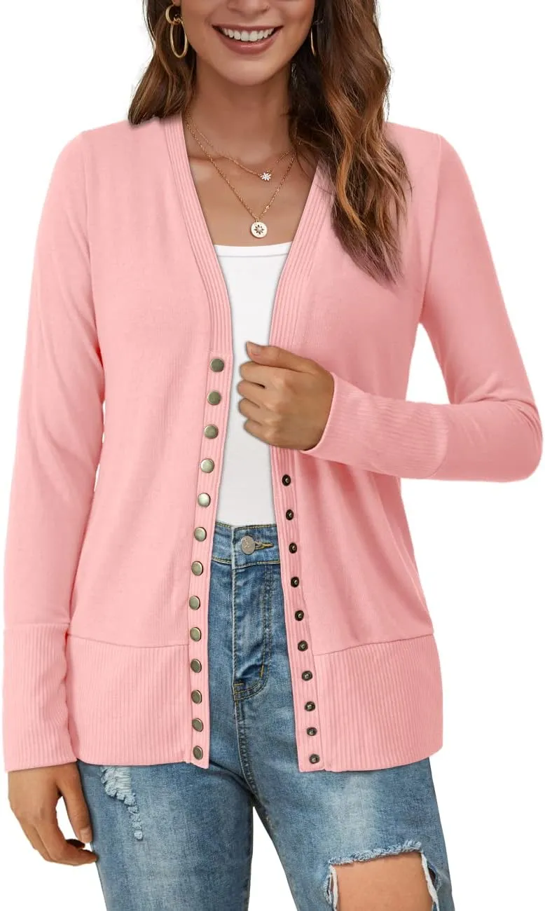 VERABENDI Women Long Sleeve Snaps Button Down V Neck Cute Knit Sweater Cardigan