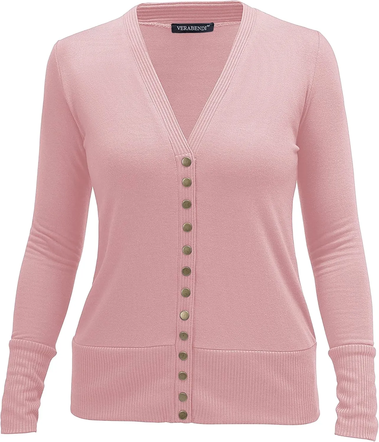 VERABENDI Women Long Sleeve Snaps Button Down V Neck Cute Knit Sweater Cardigan