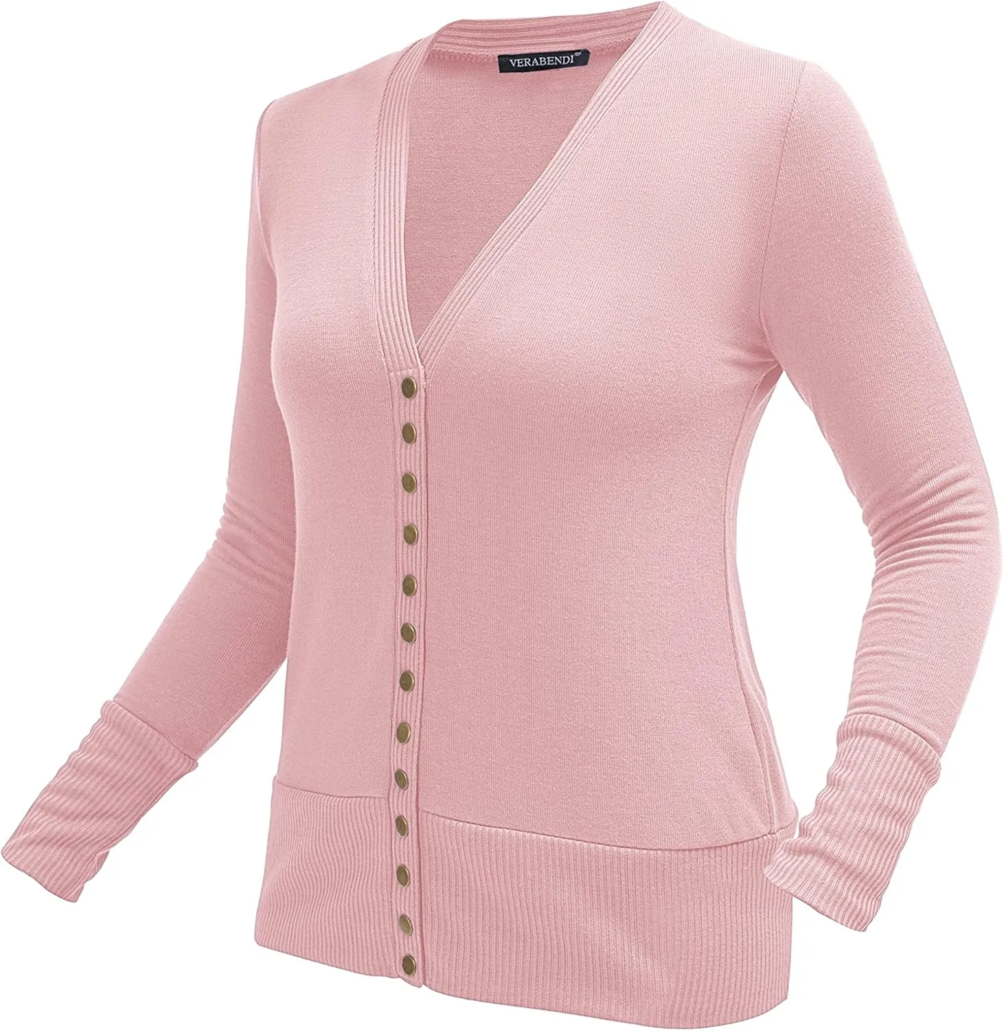 VERABENDI Women Long Sleeve Snaps Button Down V Neck Cute Knit Sweater Cardigan