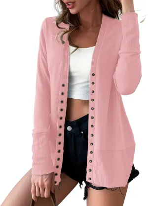 VERABENDI Women Long Sleeve Snaps Button Down V Neck Cute Knit Sweater Cardigan