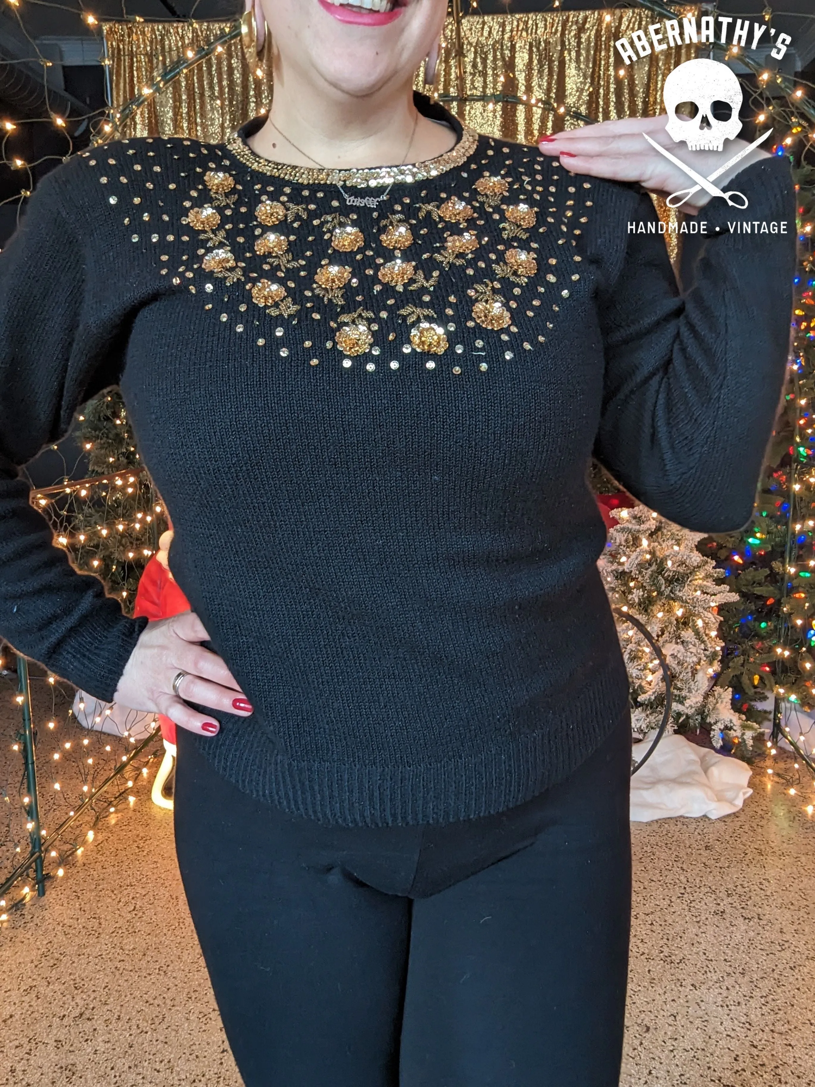 Vintage 80s Gold Sequin Flower Sweater