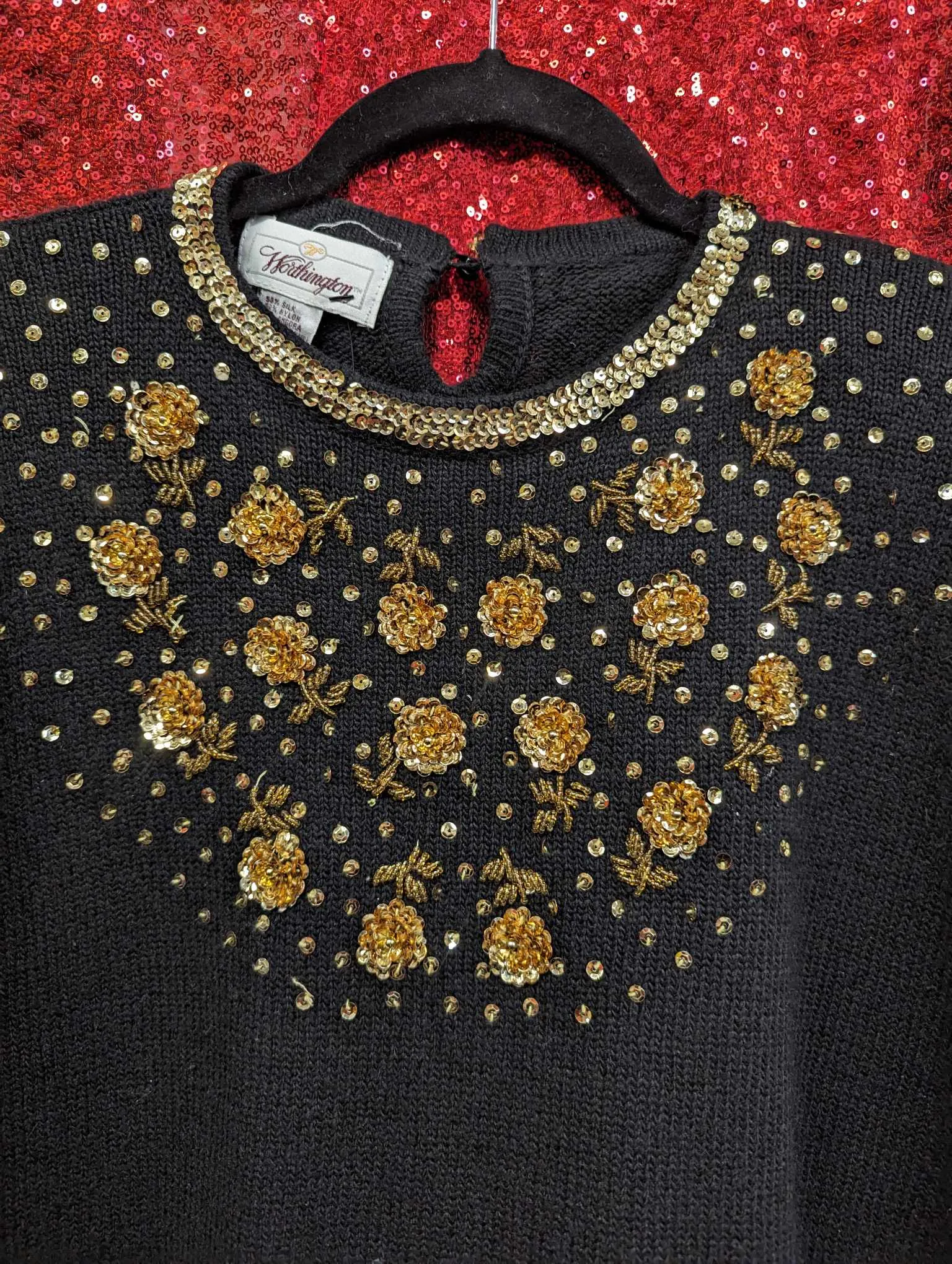 Vintage 80s Gold Sequin Flower Sweater
