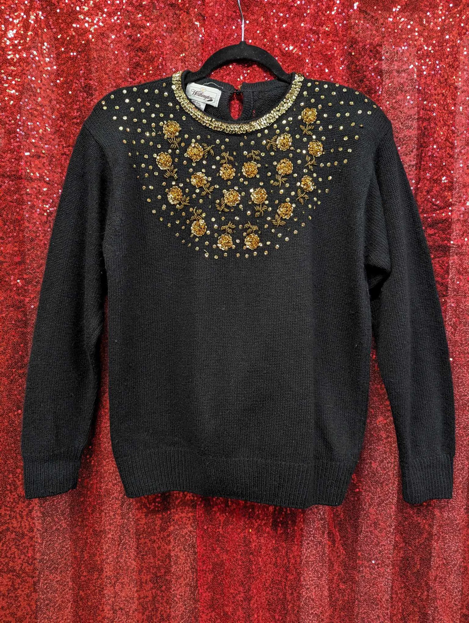 Vintage 80s Gold Sequin Flower Sweater