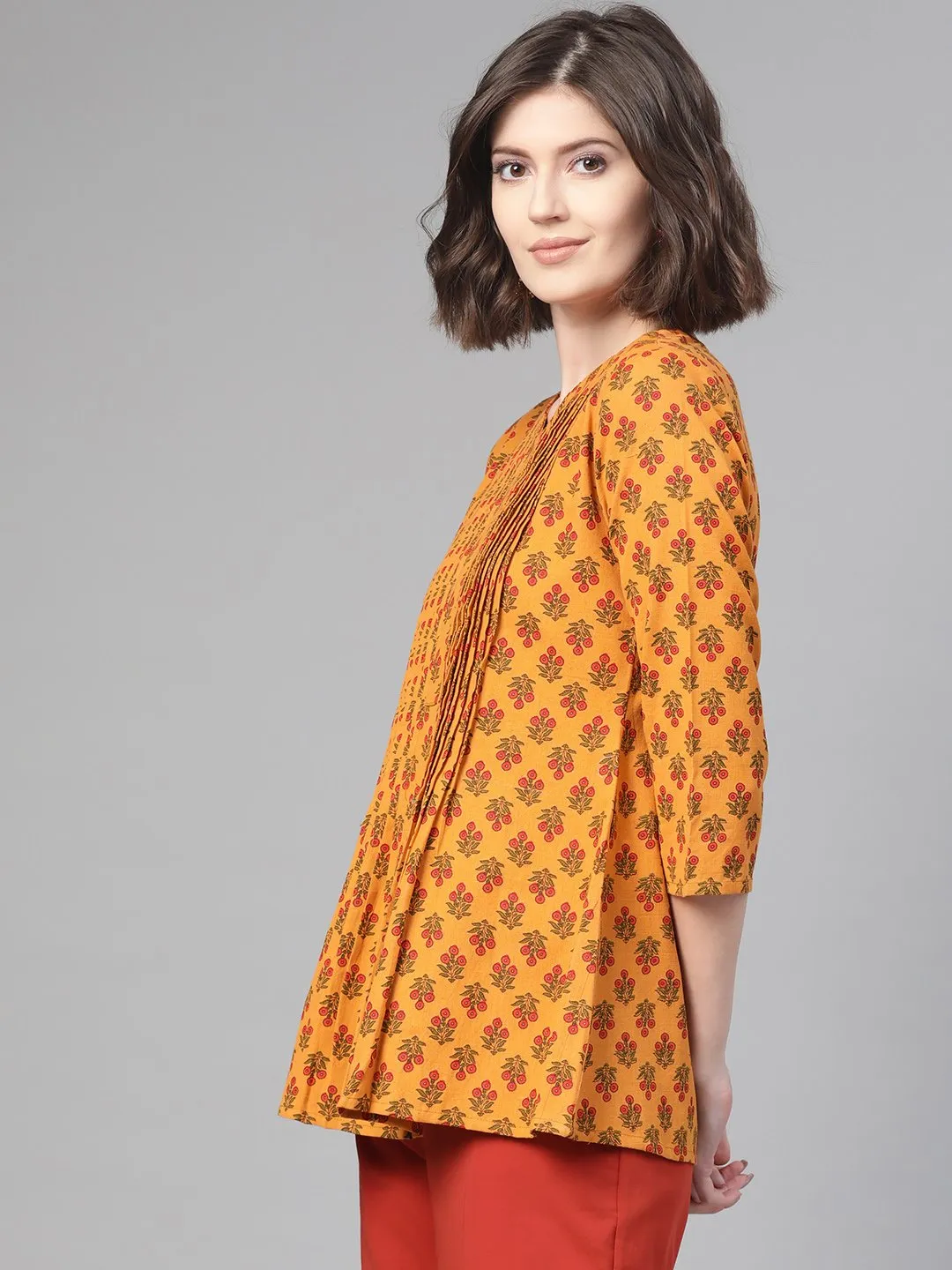 Women Mustard & Red A-Line Printed Top