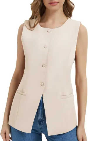 Women Summer Suit Vest Business Tops Sleeveless Button Down Blazer Modern Casual Waistcoat Office Formal Dressy Vest
