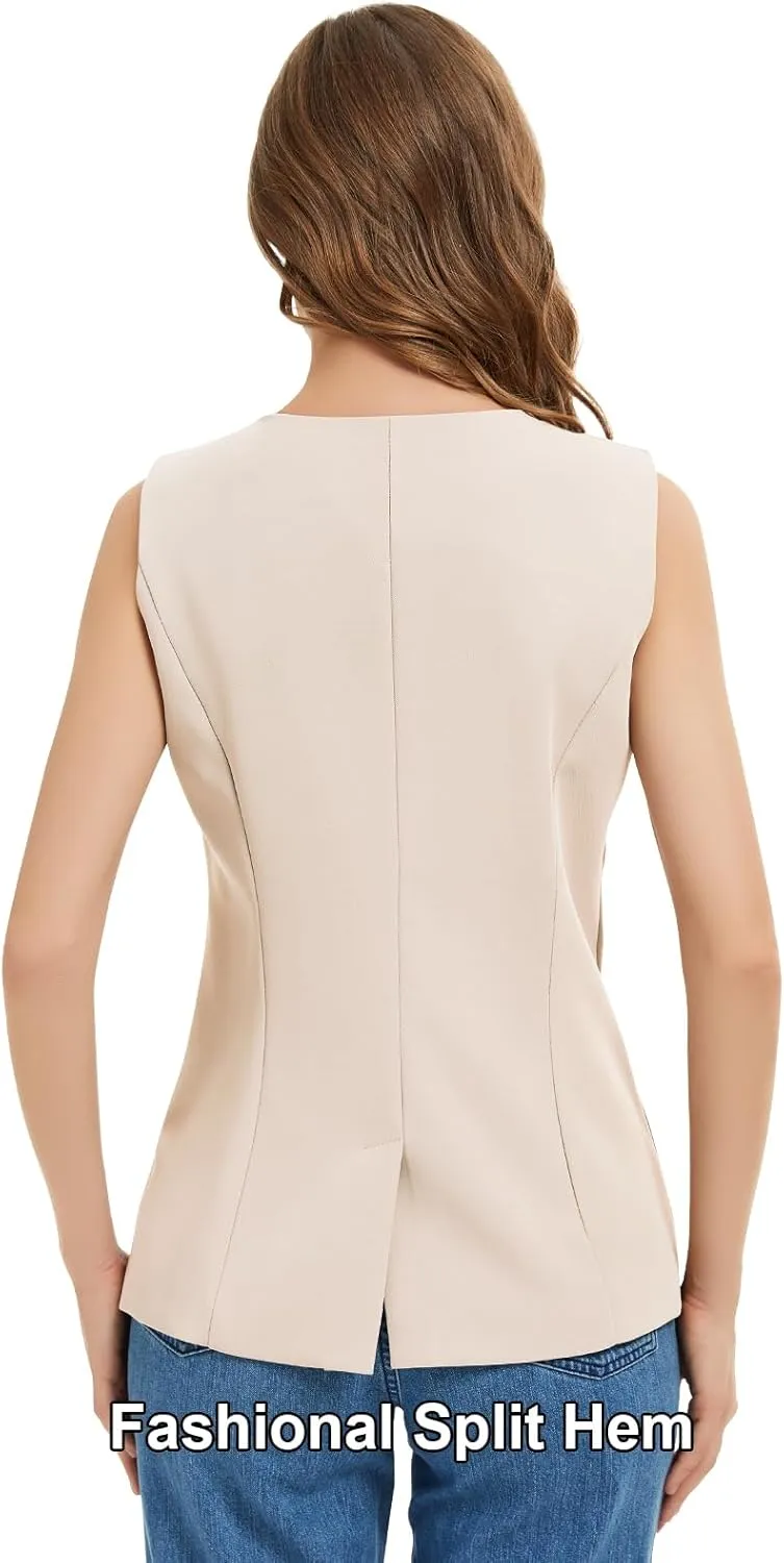 Women Summer Suit Vest Business Tops Sleeveless Button Down Blazer Modern Casual Waistcoat Office Formal Dressy Vest