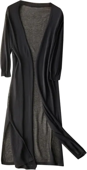 Women's Open Front Cardigan Plus Size Lightweight Solid Long Sleeve Cotton Linen Side Slit Coats Casual Maxi Duster