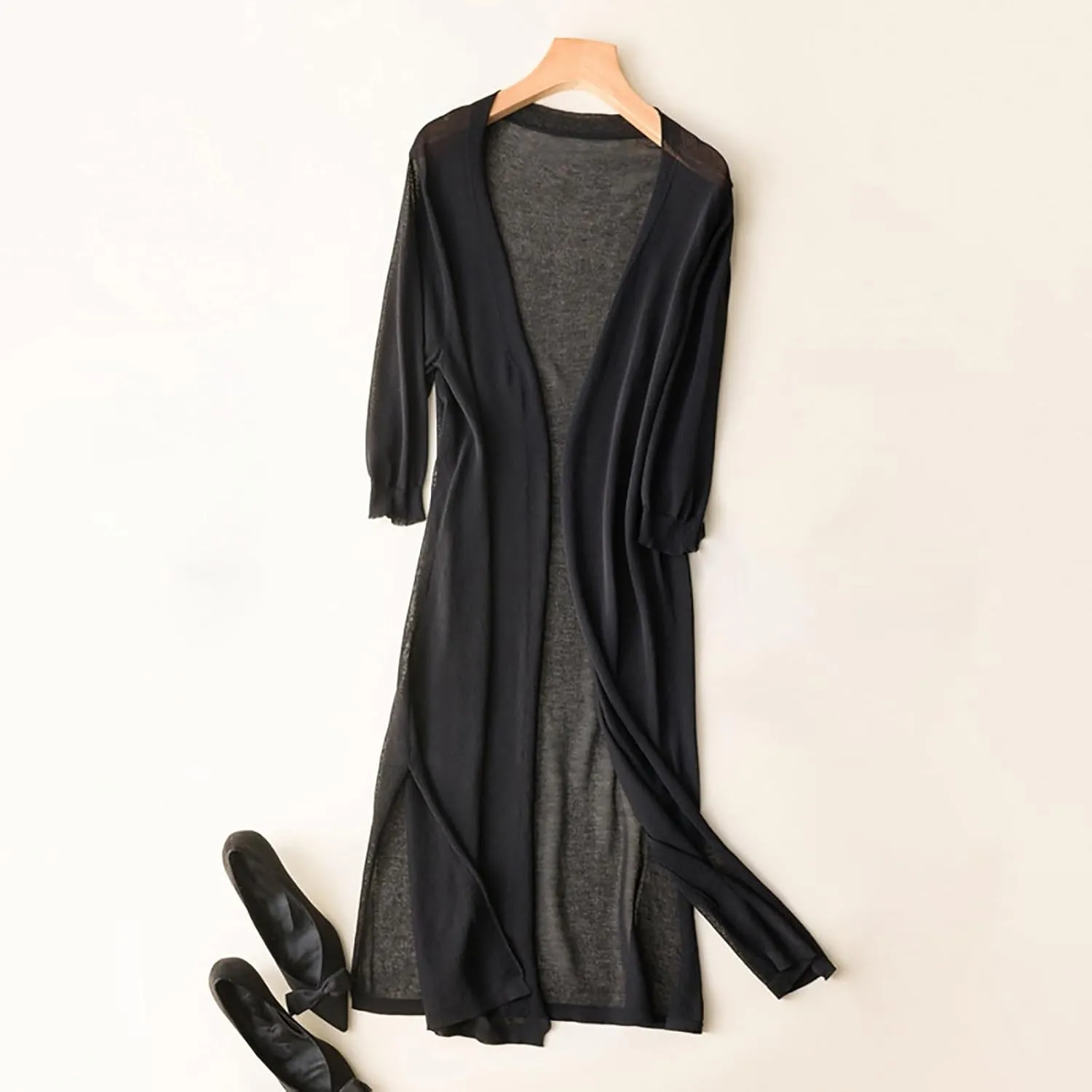 Women's Open Front Cardigan Plus Size Lightweight Solid Long Sleeve Cotton Linen Side Slit Coats Casual Maxi Duster