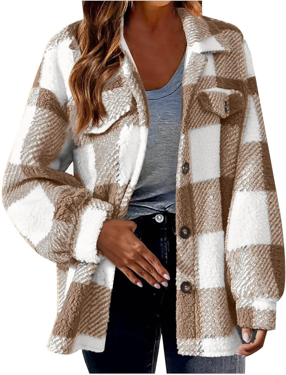 Womens Plaid Shacket Jacket Oversized Jackets Fleece Button Cardigan Trendy Plaid Outwear Warm Coat Outfits Clothes