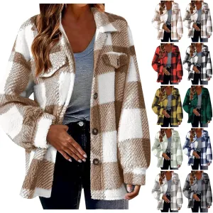 Womens Plaid Shacket Jacket Oversized Jackets Fleece Button Cardigan Trendy Plaid Outwear Warm Coat Outfits Clothes