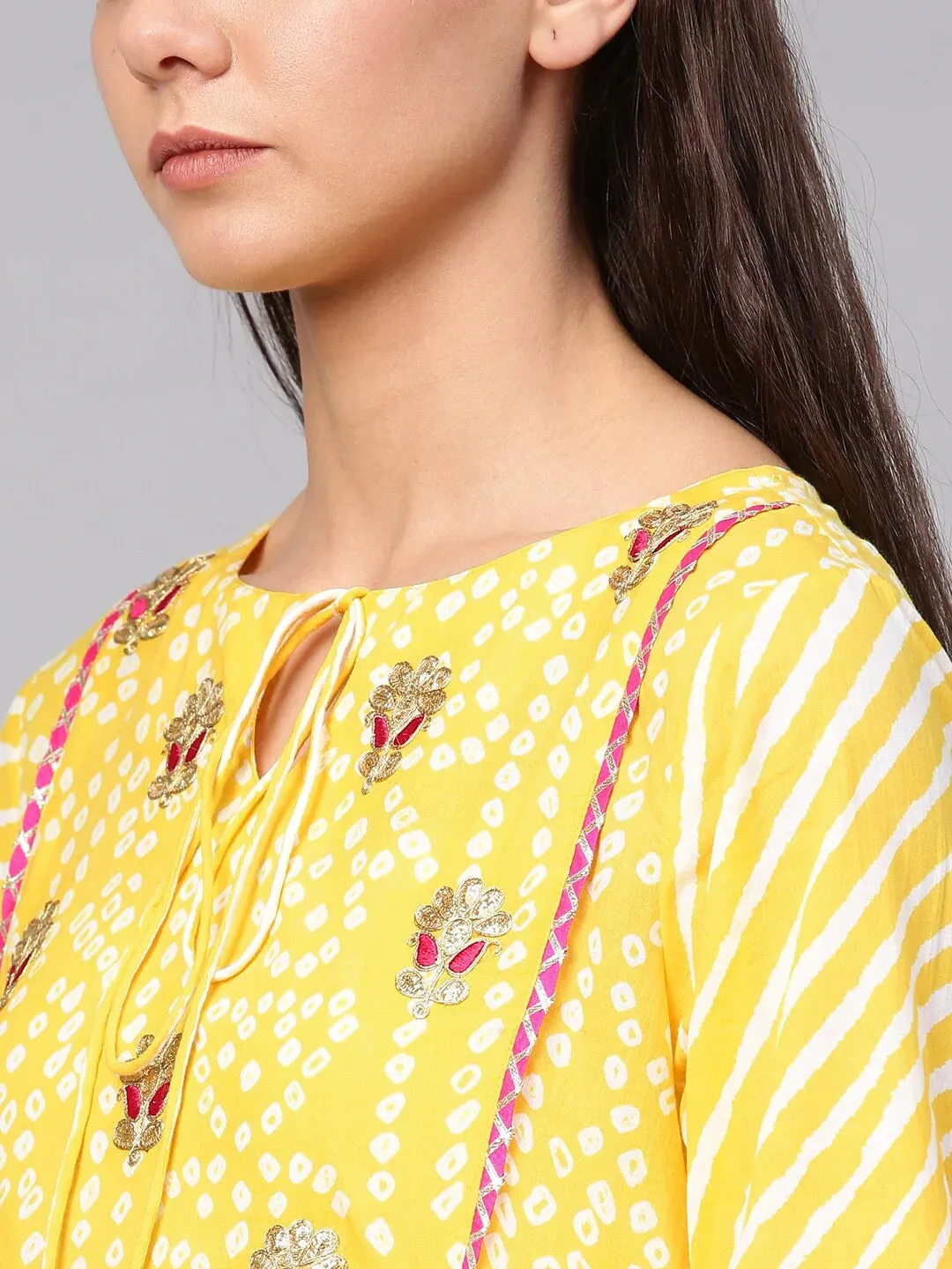 Women'S Yellow & White Bandhani Print Kurta With Palazzos