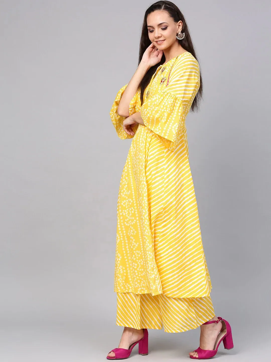 Women'S Yellow & White Bandhani Print Kurta With Palazzos