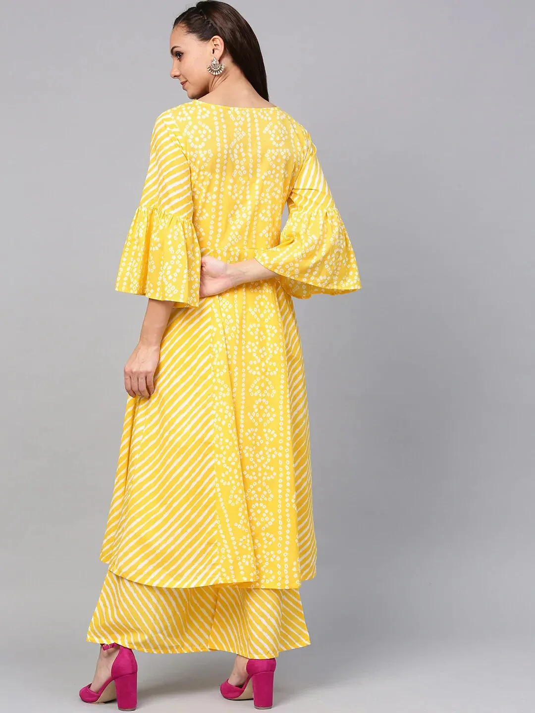 Women'S Yellow & White Bandhani Print Kurta With Palazzos