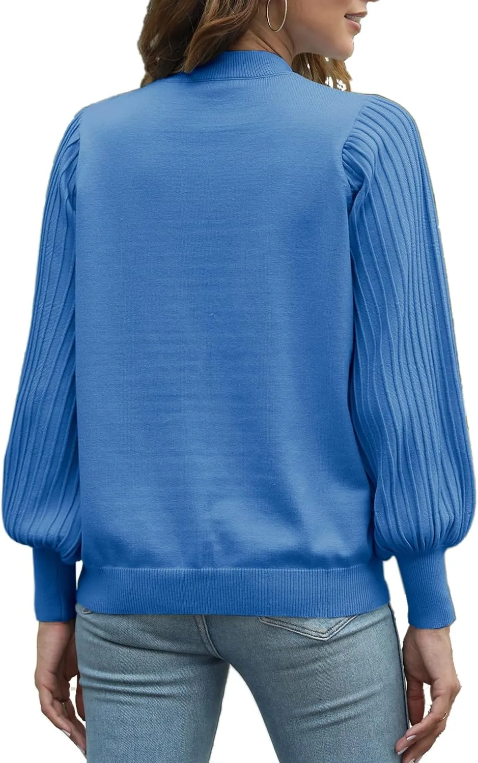 Ybenlow Women's 2024 Casual Crewneck Pleated Lantern Long Sleeve Pullover Sweater Loose Ribbed Knit Jumper Tops