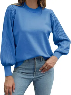 Ybenlow Women's 2024 Casual Crewneck Pleated Lantern Long Sleeve Pullover Sweater Loose Ribbed Knit Jumper Tops