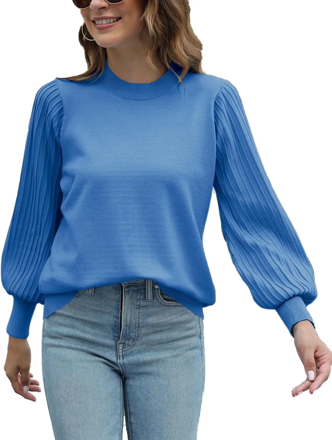 Ybenlow Women's 2024 Casual Crewneck Pleated Lantern Long Sleeve Pullover Sweater Loose Ribbed Knit Jumper Tops