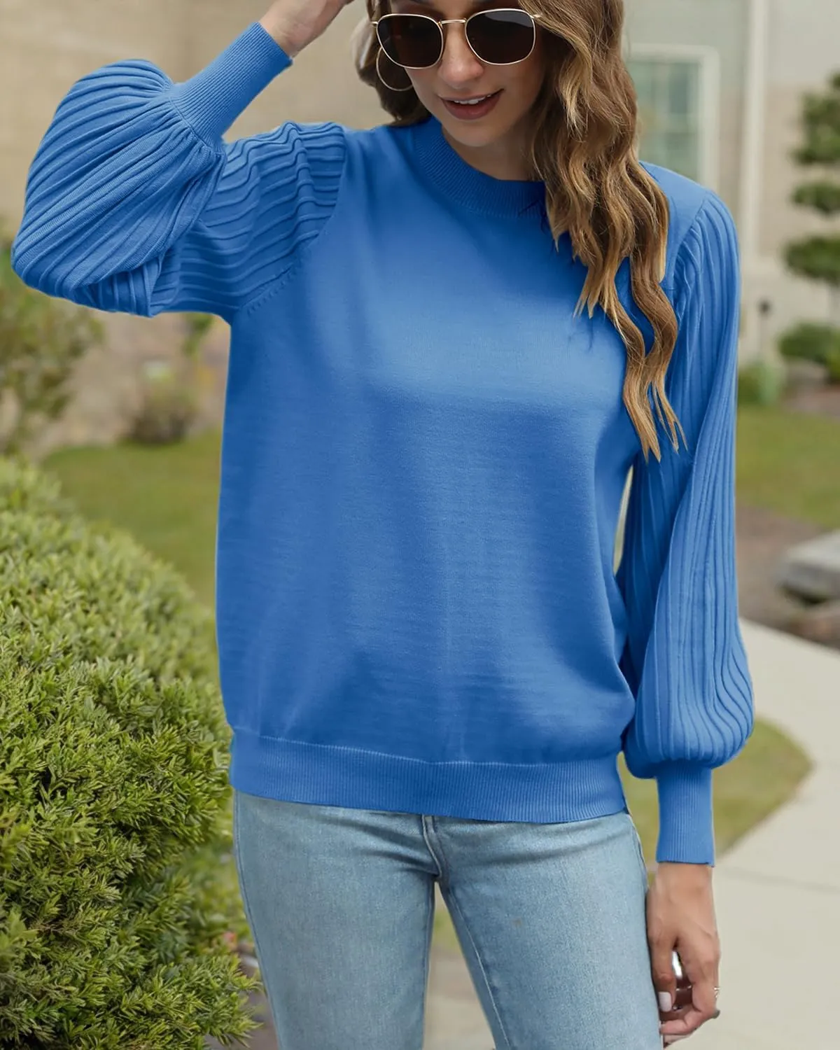 Ybenlow Women's 2024 Casual Crewneck Pleated Lantern Long Sleeve Pullover Sweater Loose Ribbed Knit Jumper Tops