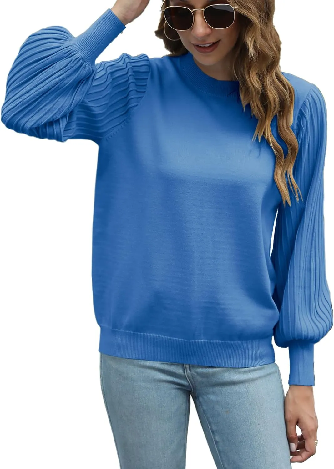 Ybenlow Women's 2024 Casual Crewneck Pleated Lantern Long Sleeve Pullover Sweater Loose Ribbed Knit Jumper Tops